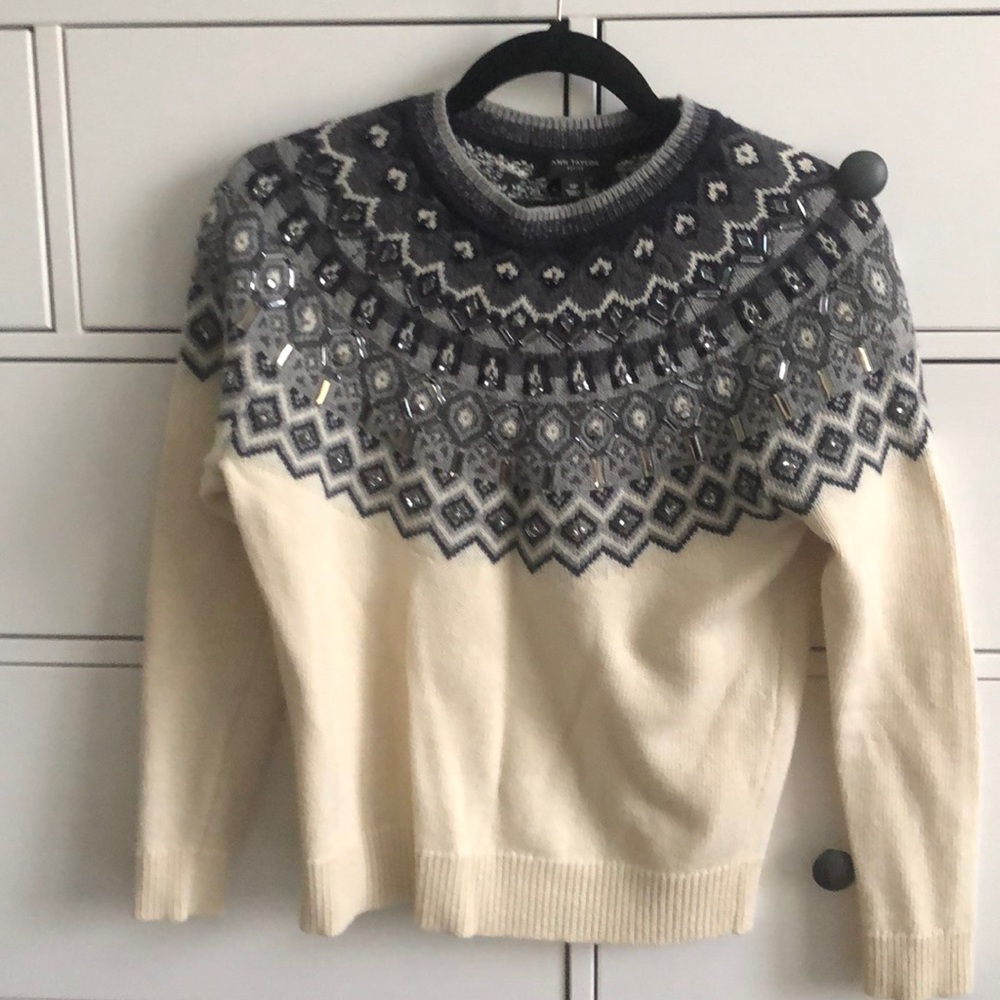 Ann Taylor Sparkly Fair Isle Sweater Cream SP